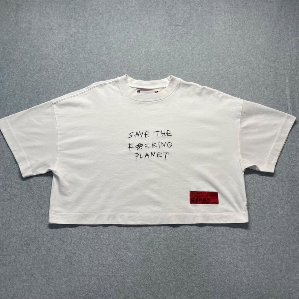 CHNGE Save The F*cking Planet Cropped Graphic T Shirt White Organic Cotton Large